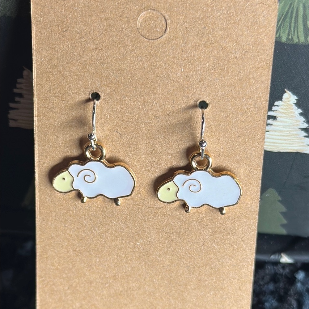 Sheep Dangle Earrings Handcrafted White & Gold Tone Farm Animals Ewe Gifts NWT